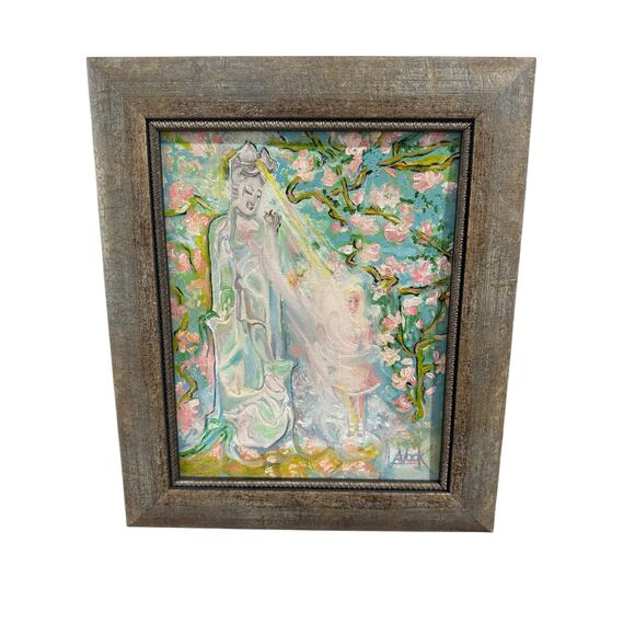 Original Framed Painting Guanyin Overlooking Little Girl Cherry Blossom Tree - Picture 1 of 7